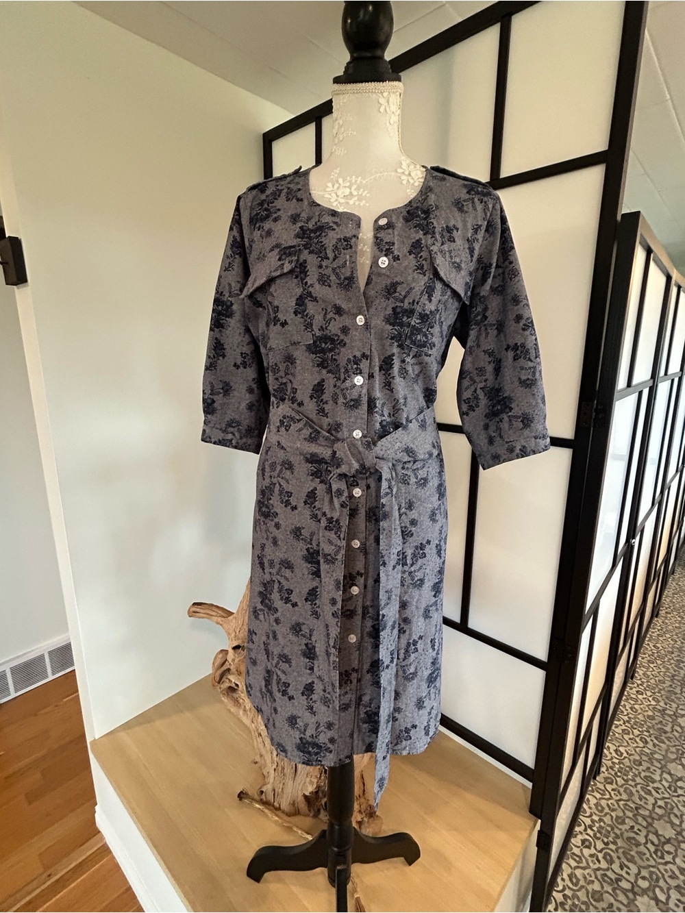Blue Floral Button-Front Women's Dress with Tie Waist